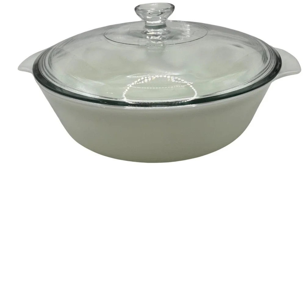 Vtg Milk Glass Baking Dish Made in USA Oven Safe White Round‎ Casserole Lid 5in